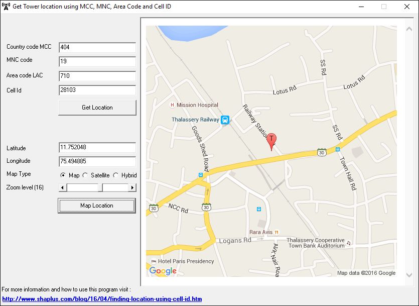 screenshot of program to find tower location using cellid